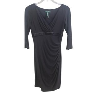 Lauren Ralph Lauren Black Faux Wrap Silk Waist Rouche Formal Cocktail Dress 6